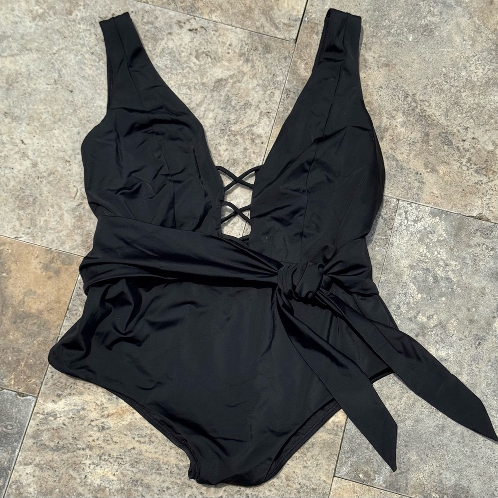 Ashley Graham Black One Piece Swimsuit with Criss-Cross Detail
